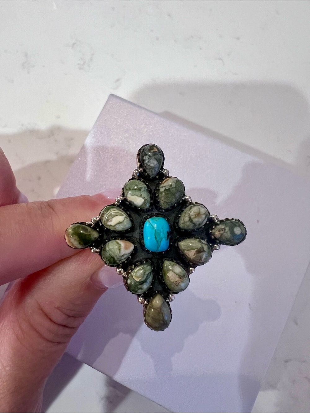 Desert Jasper & Turquoise Sterling Silver Adjustable Ring - NWOT
